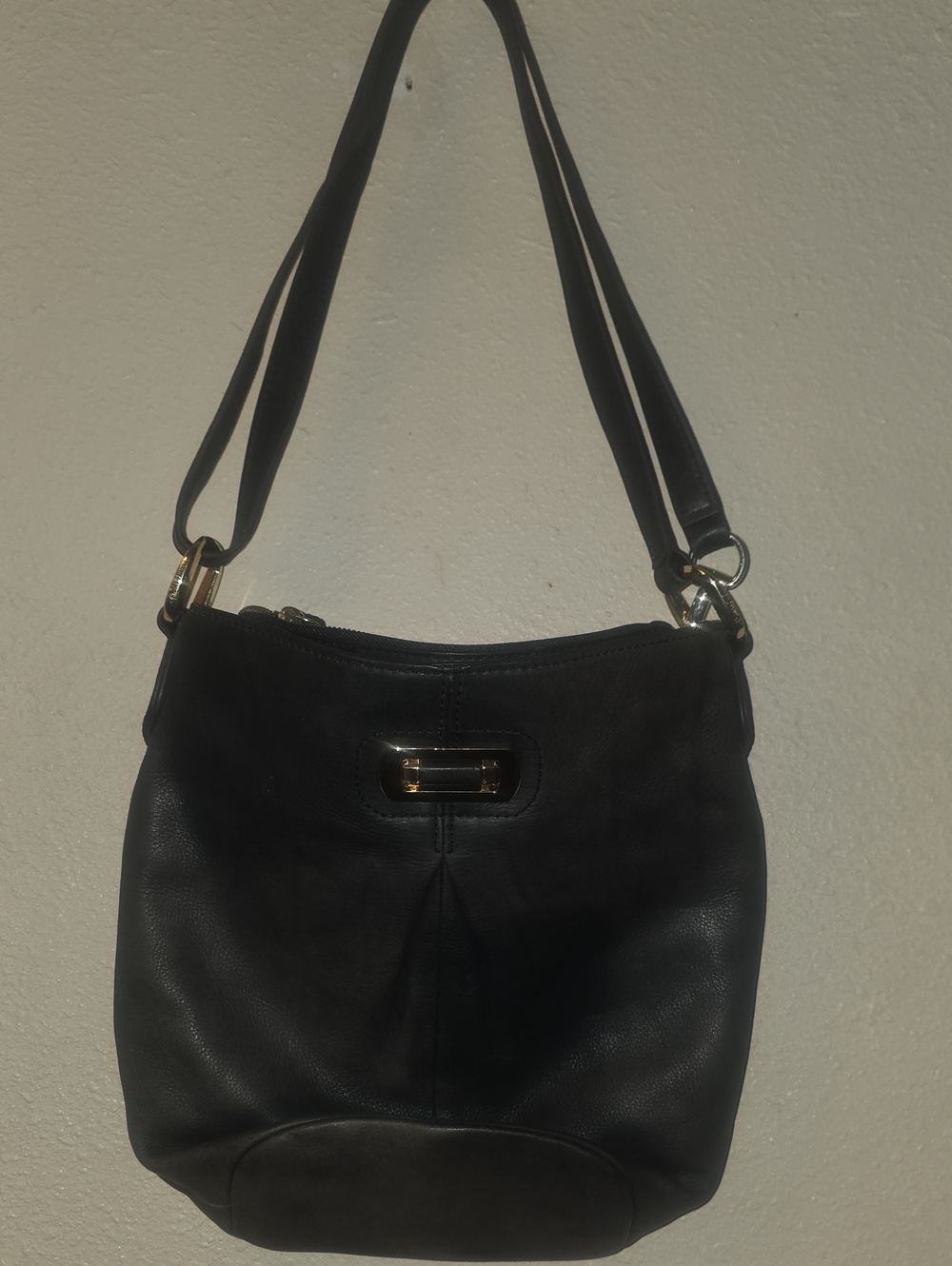 b. makowsky Black Leather Shoulder Bag with Gold Hardware